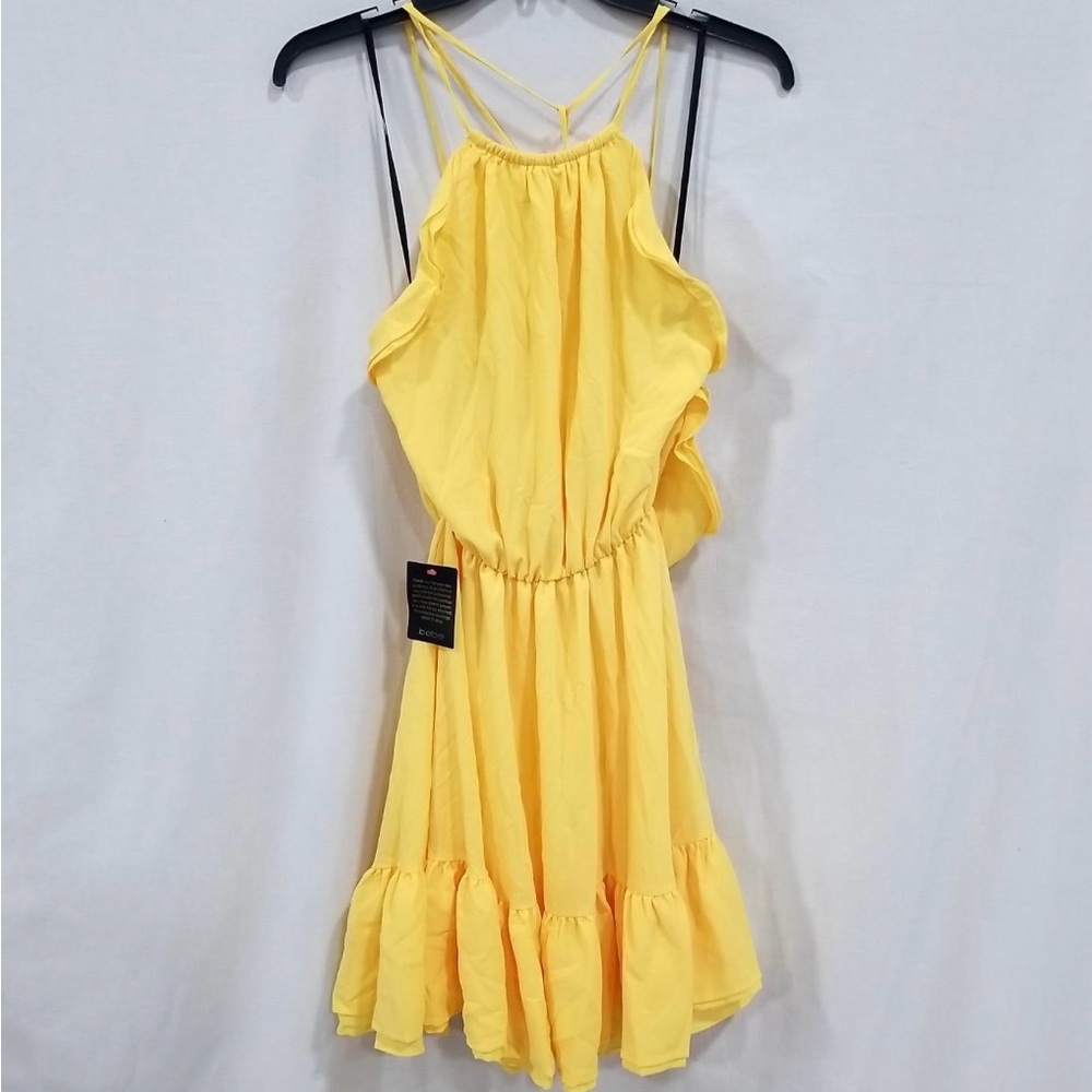 Bebe Bright Tied Blouson Ruffled Halter Dress Yellow Sz 0 NWT